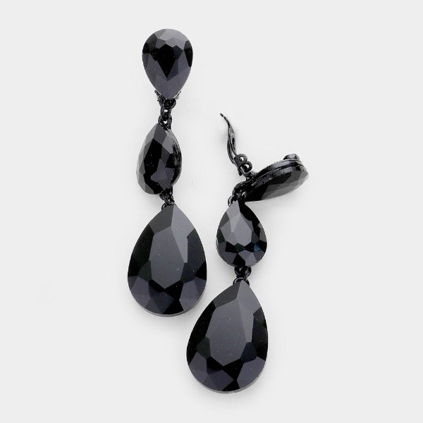 Jet Black Triple Crystal Rhinestone Clip-On Earrings