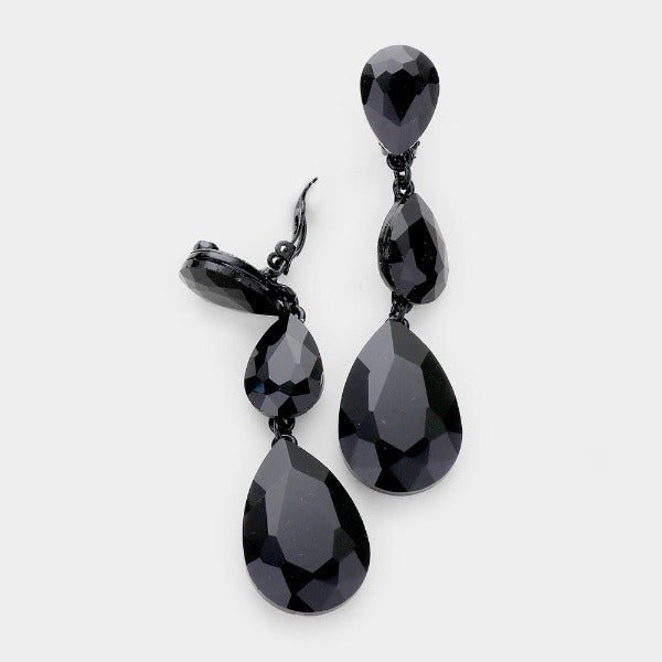 Jet Black Triple Crystal Rhinestone Clip-On Earrings