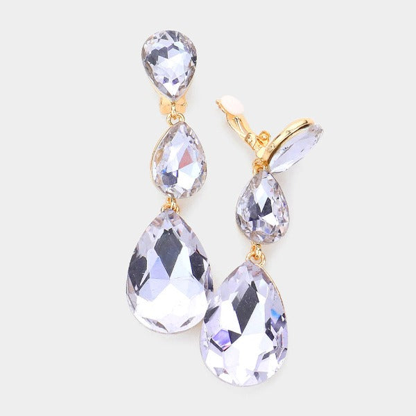 Lavender Triple Crystal Rhinestone Clip-On Earrings