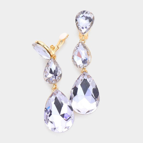 Lavender Triple Crystal Rhinestone Clip-On Earrings