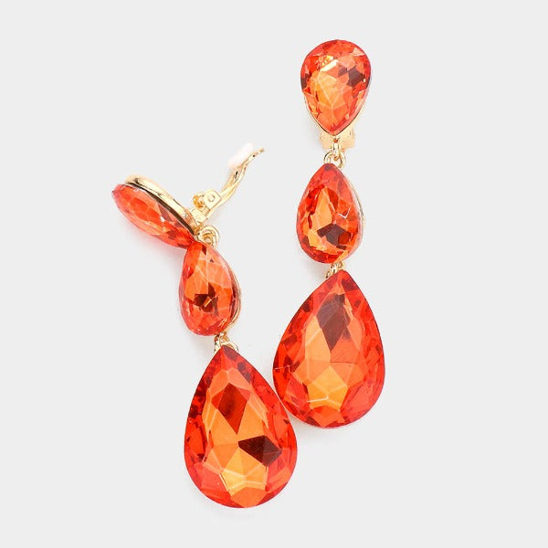 Orange Triple Crystal Rhinestone Clip-On Earrings