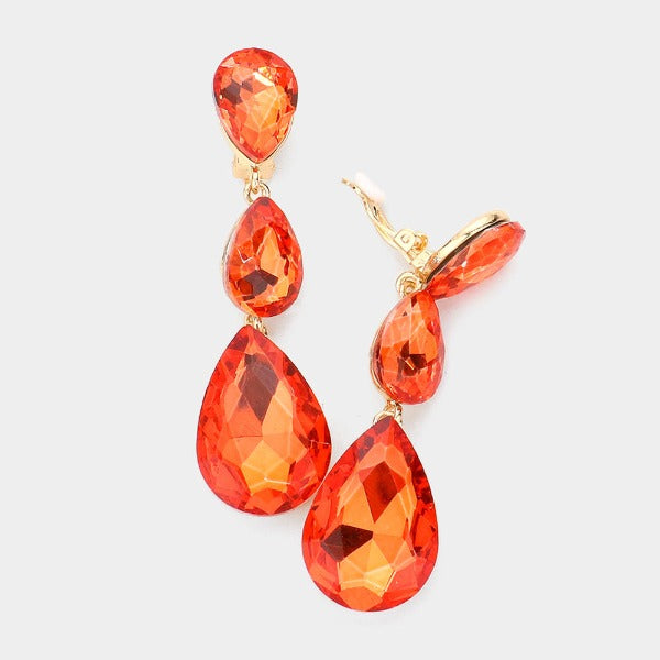 Orange Triple Crystal Rhinestone Clip-On Earrings