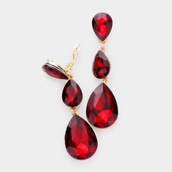 Red Triple Crystal Rhinestone Clip-On Earrings