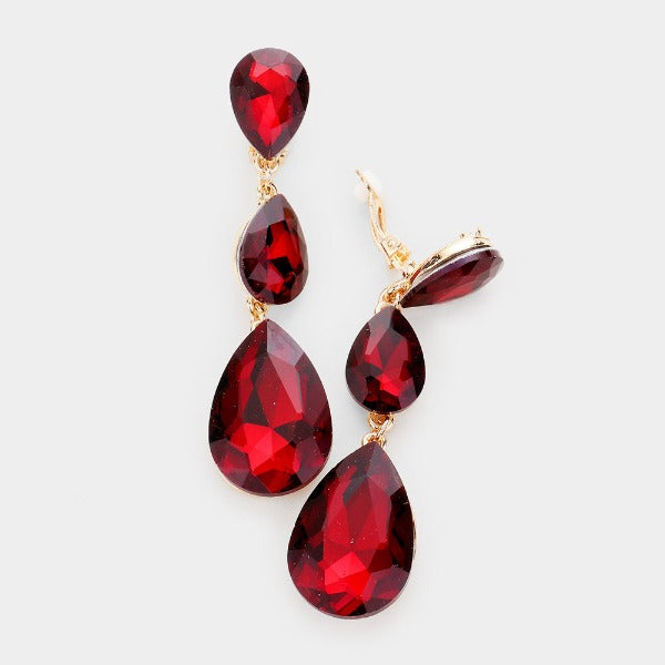 Red Triple Crystal Rhinestone Clip-On Earrings