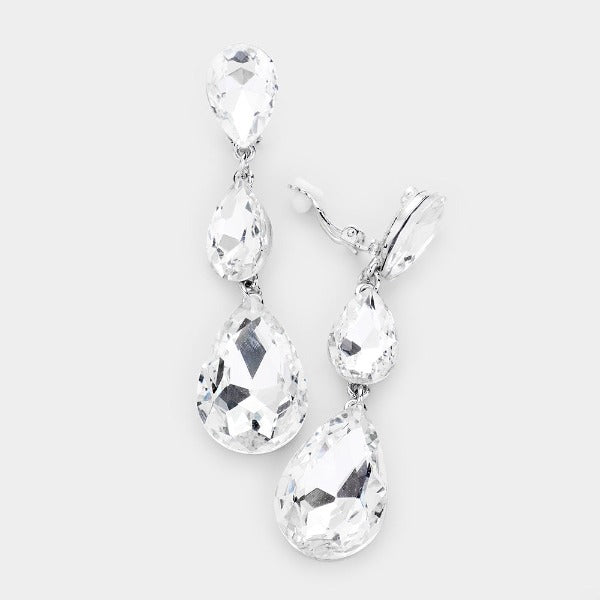 Clear Triple Crystal Rhinestone Silver Clip-On Earrings