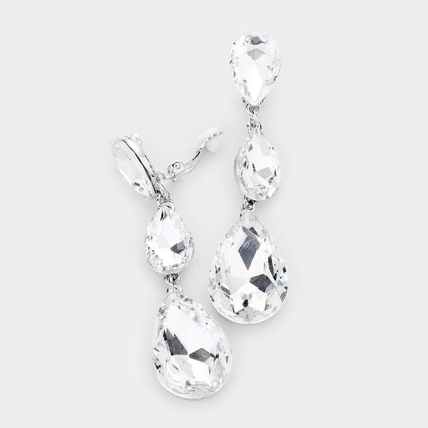 Clear Triple Crystal Rhinestone Silver Clip-On Earrings