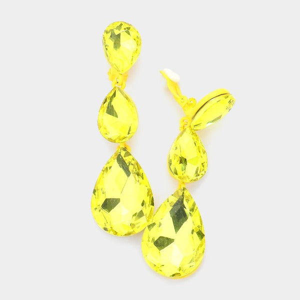 Yellow Triple Crystal Rhinestone Clip-On Earrings