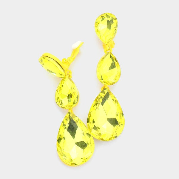 Yellow Triple Crystal Rhinestone Clip-On Earrings