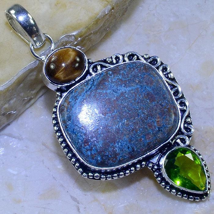 CHRYSOCOLLA, PERIDOT, TIGER EYE 3" .925 SILVER PLATED PENDANT + 20" CORD-Pendant-SPARKLE ARMAND