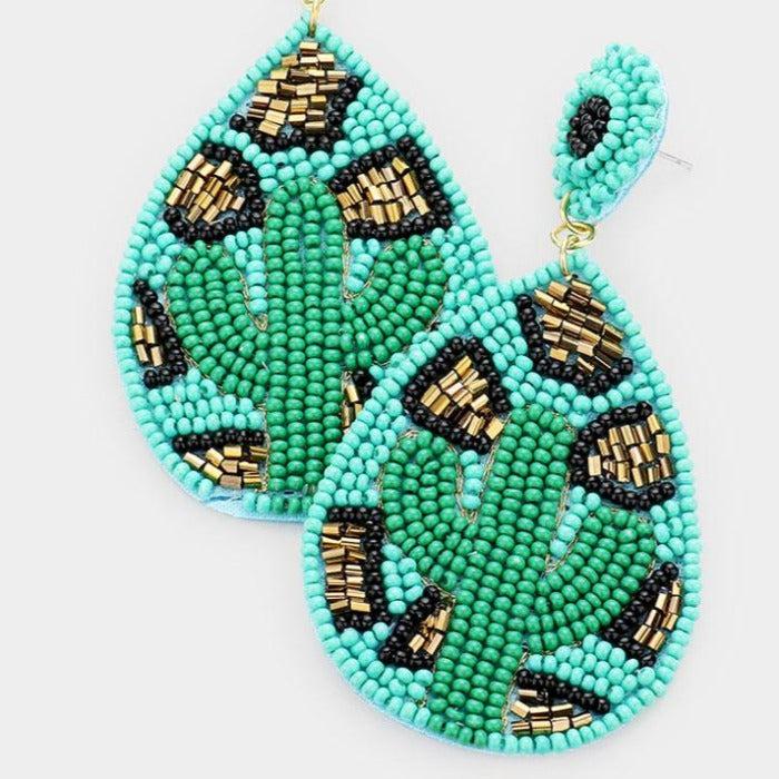 Cactus Green Seed Beaded Leopard Earrings