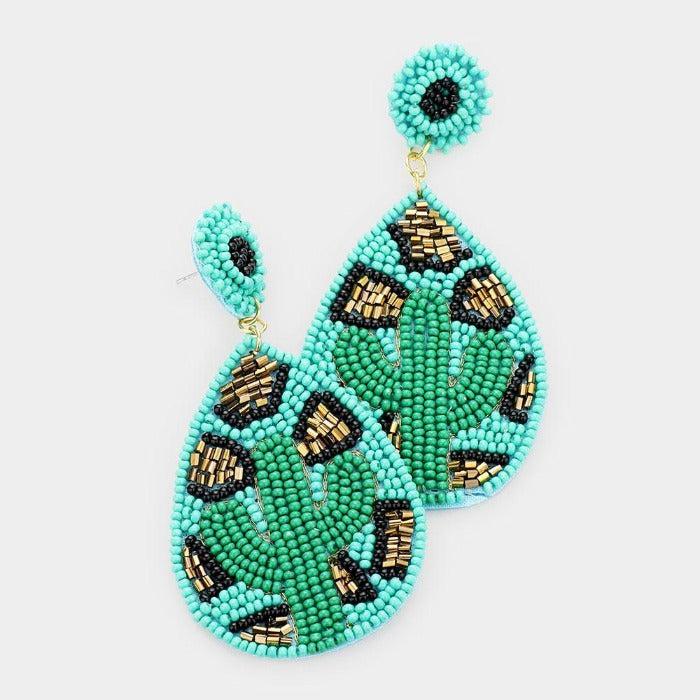 Cactus Green Seed Beaded Leopard Earrings