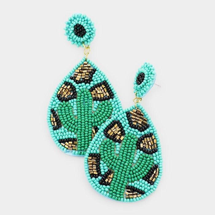 Cactus Green Seed Beaded Leopard Earrings