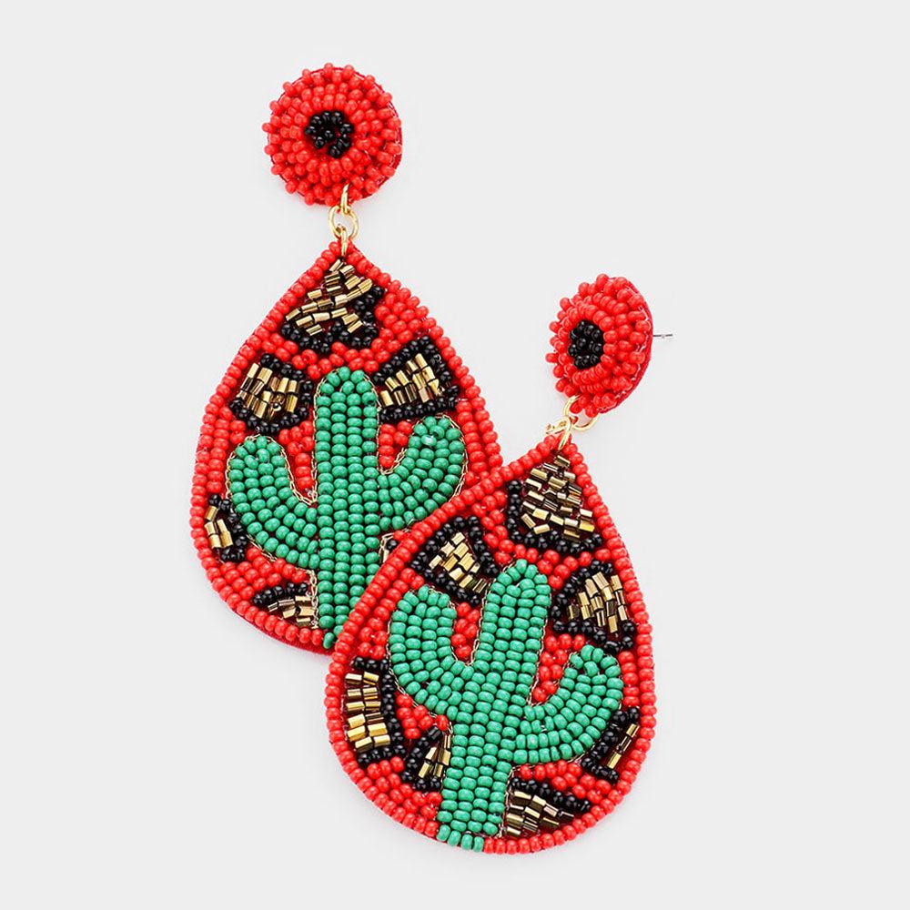 Cactus Seed Beaded Leopard Teardrop Earrings-Earring-SPARKLE ARMAND