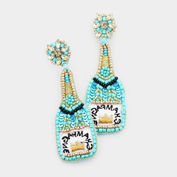 Champagne Blue Sequin Crown Seed Bead Earrings