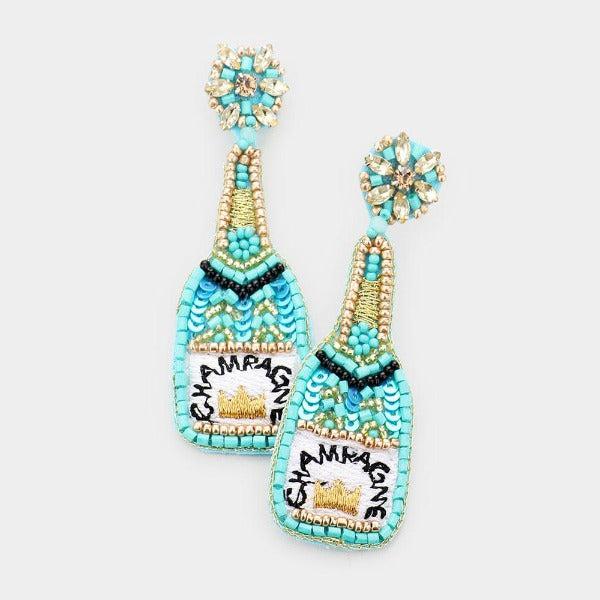 Champagne Blue Sequin Crown Seed Bead Earrings