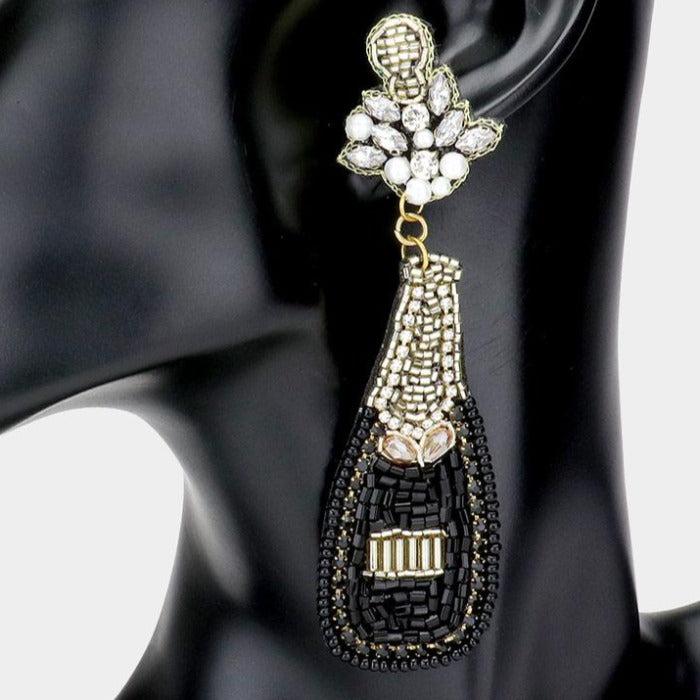 Champagne Bottle Black & Gold Seed Bead Earrings