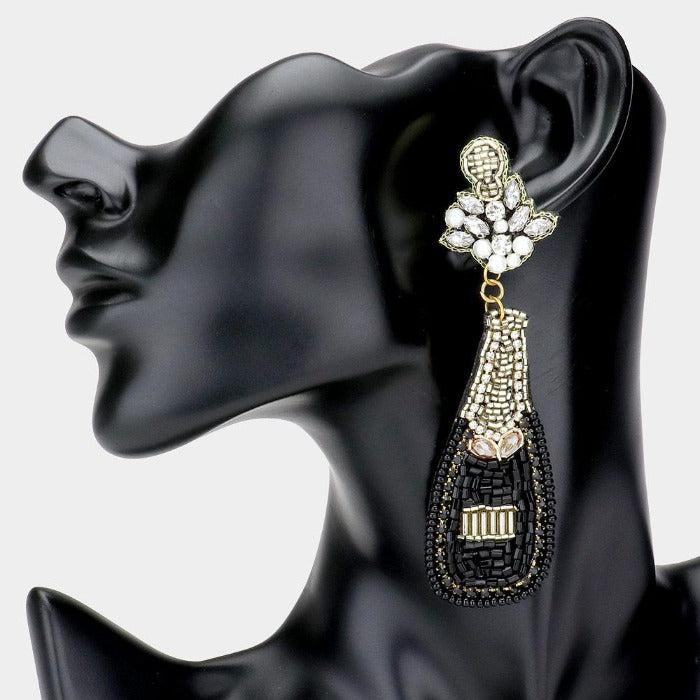Champagne Bottle Black & Gold Seed Bead Earrings