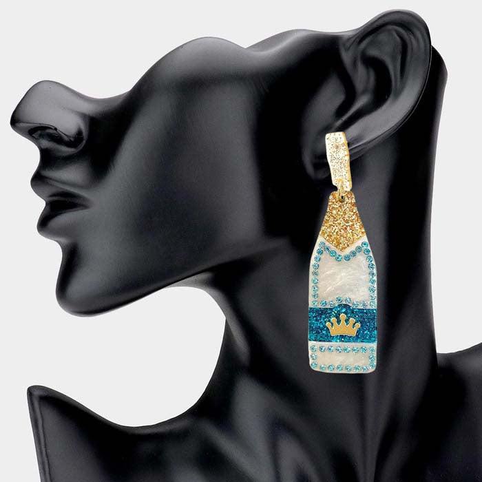 Champagne Bottle Blue Glittered Acetate Dangle Earrings