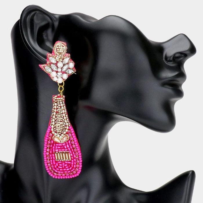 Champagne Bottle Fuchsia & Gold Seed Bead Earrings
