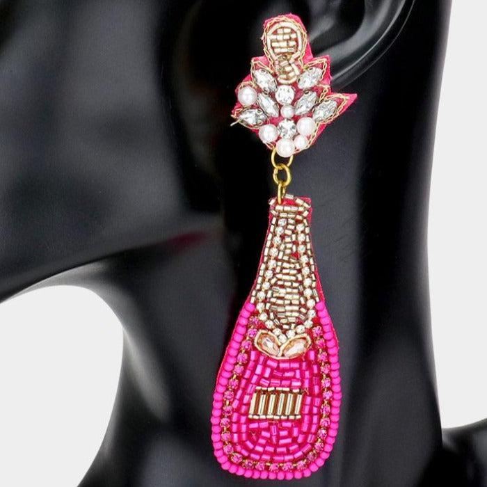 Champagne Bottle Fuchsia & Gold Seed Bead Earrings