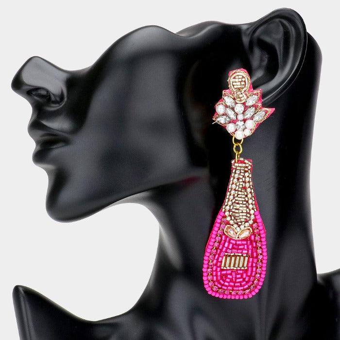 Champagne Bottle Fuchsia & Gold Seed Bead Earrings