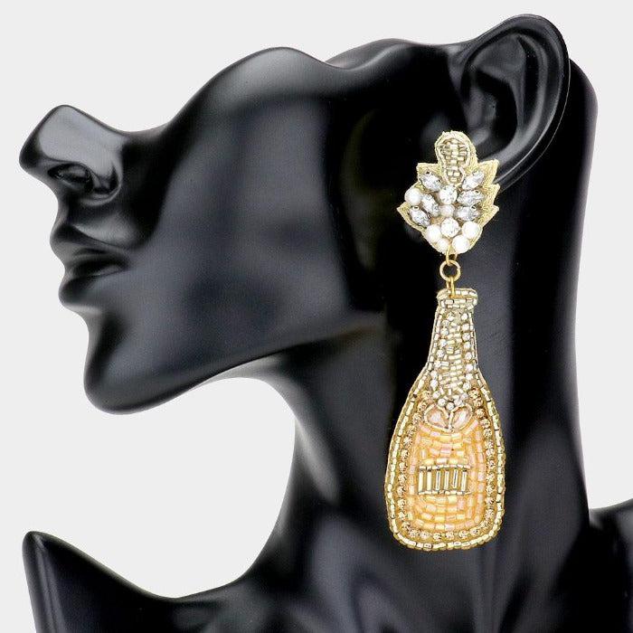Champagne Bottle Gold Seed Bead Earrings