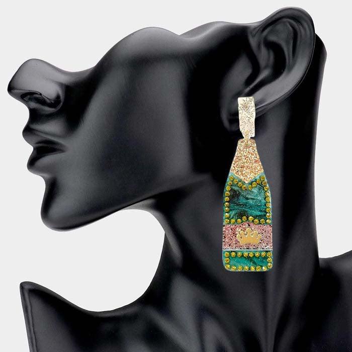 Champagne Bottle Green Glittered Acetate Dangle Earrings
