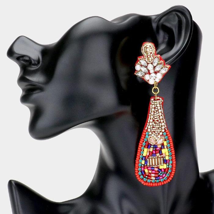 Champagne Bottle Multi Color Seed Bead Earrings