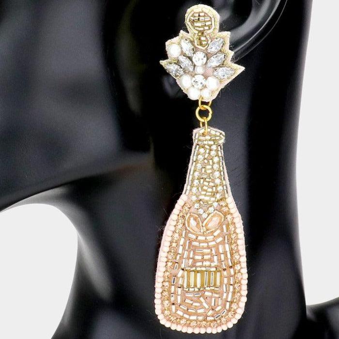 Champagne Bottle Pink & Gold Seed Bead Earrings
