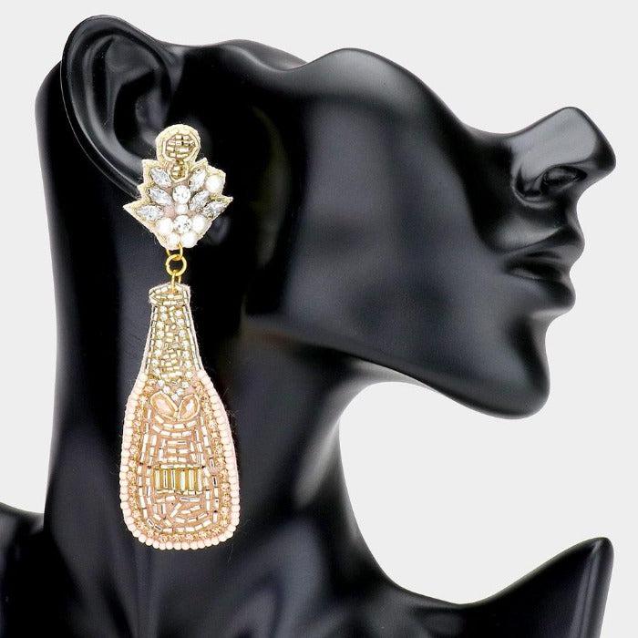 Champagne Bottle Pink & Gold Seed Bead Earrings