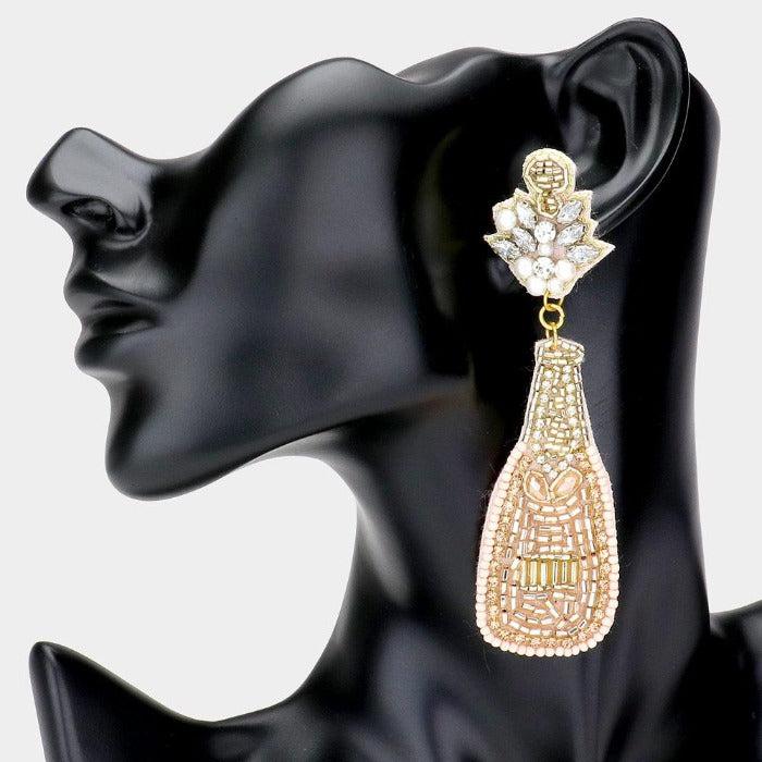 Champagne Bottle Pink & Gold Seed Bead Earrings
