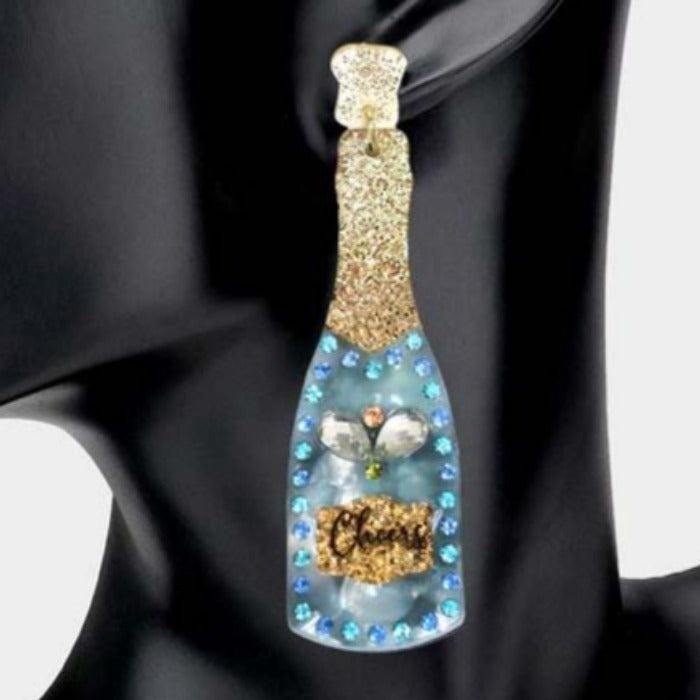 Champagne Bottle Rhinestone Blue Acetate Dangle Earrings
