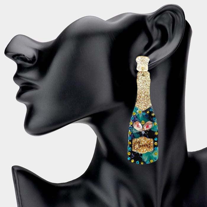 Champagne Bottle Pearl Green Acetate Dangle Earrings