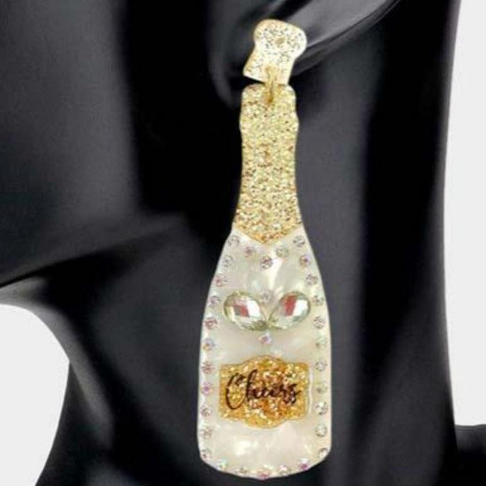 Champagne Bottle Rhinestone White Acetate Dangle Earrings