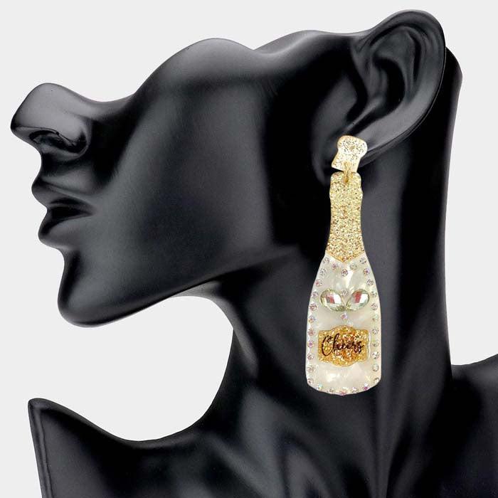 Champagne Bottle Rhinestone White Acetate Dangle Earrings