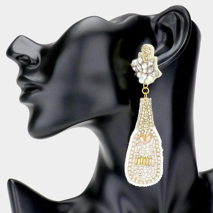 Champagne Bottle Silver & Gold Seed Bead Earrings