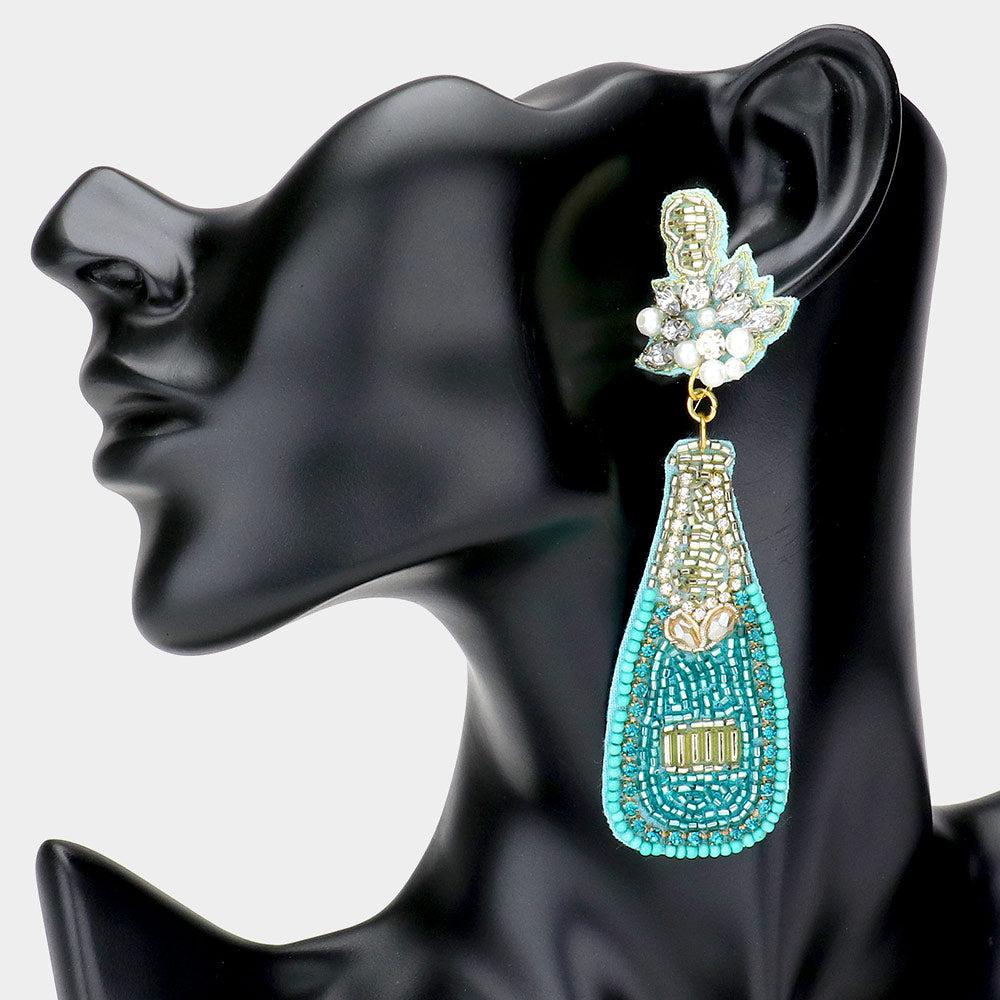 Champagne Bottle Teal Blue Seed Bead Earrings-Earring-SPARKLE ARMAND