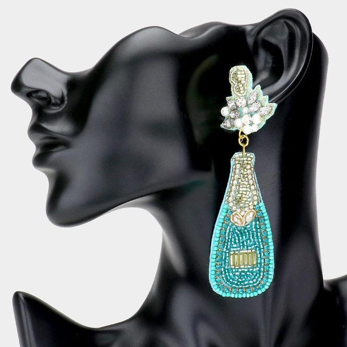 Champagne Bottle Teal Blue Seed Bead Earrings