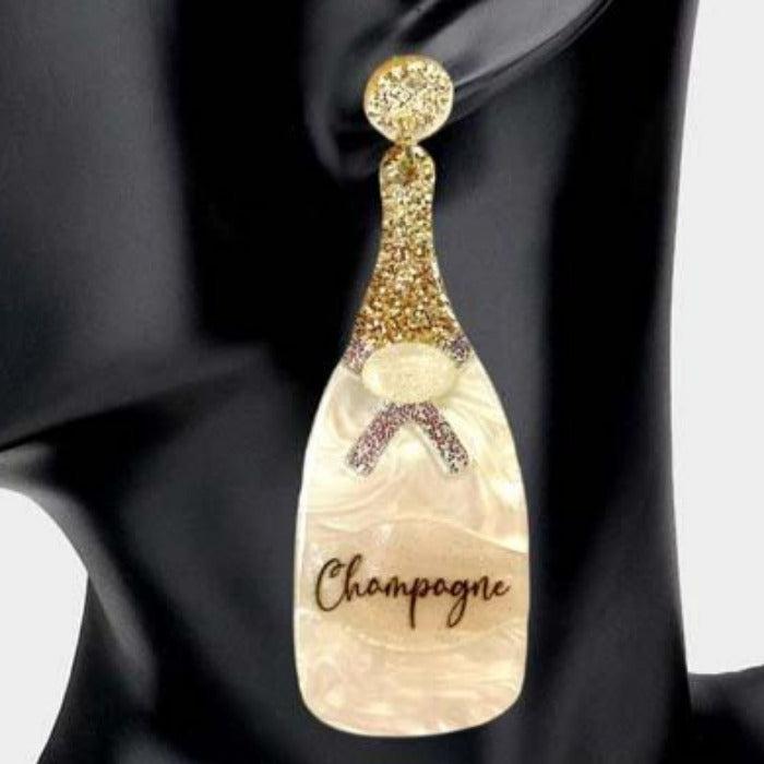 Champagne Bottle White Glittered Acetate Dangle Earrings