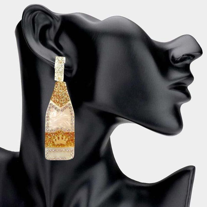 Champagne Bottle White Glittered Acetate Dangle Earrings