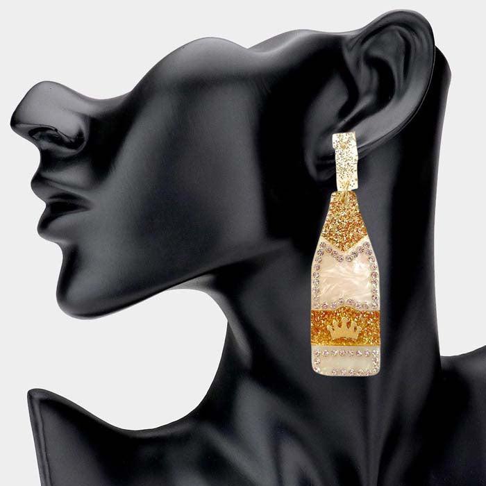 Champagne Bottle White Glittered Acetate Dangle Earrings