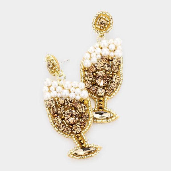 Champagne Glass Pearl & Rhinestone Earrings-Earring-SPARKLE ARMAND