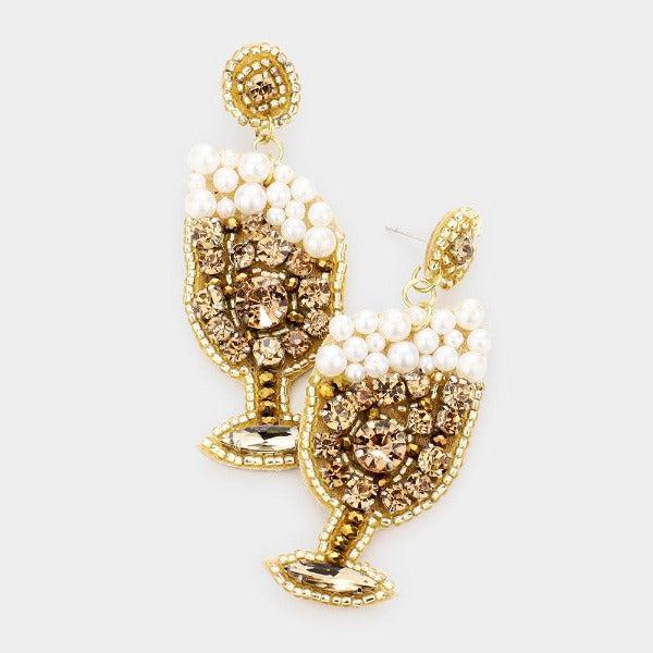 Champagne Glass Pearl & Rhinestone Earrings-Earring-SPARKLE ARMAND