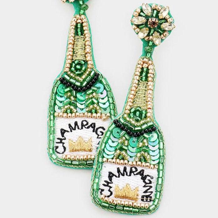 Champagne Green Sequin Crown Seed Bead Earrings