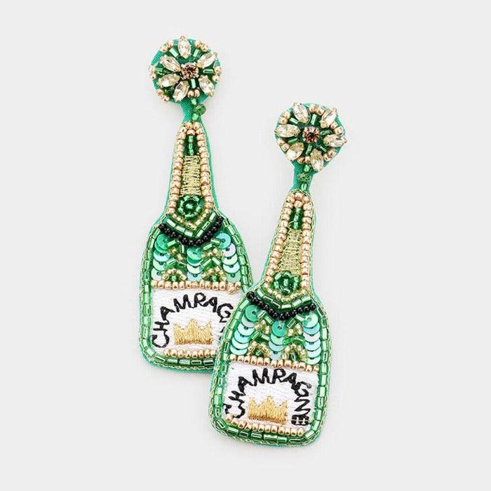 Champagne Green Sequin Crown Seed Bead Earrings