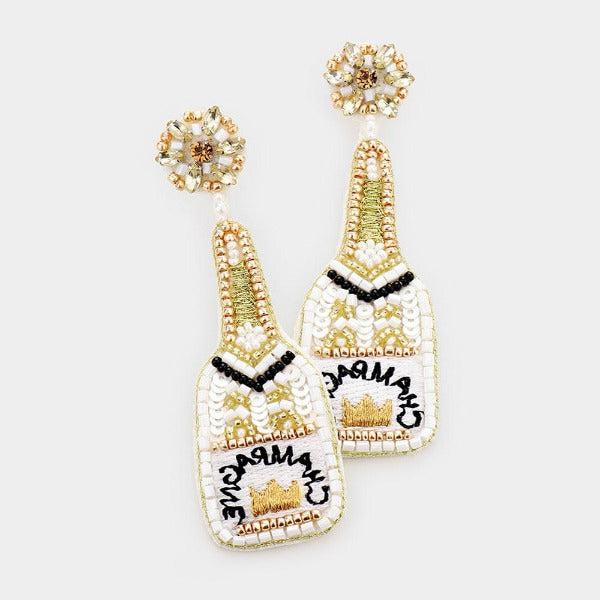 Champagne White Sequin Crown Seed Bead Earrings-Earring-SPARKLE ARMAND