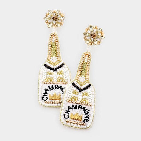 Champagne White Sequin Crown Seed Bead Earrings-Earring-SPARKLE ARMAND