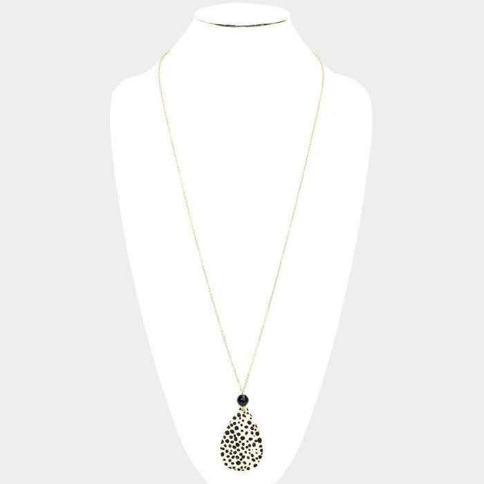 Cheetah Patterned Teardrop Pendant Long Gold Necklace