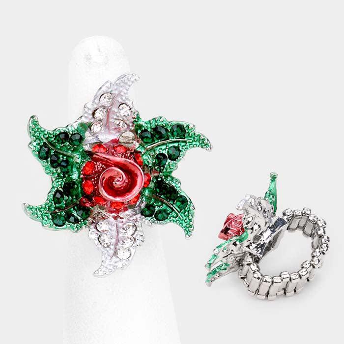 Christmas Poinsettia Collar Evening Necklace Earring Ring Set