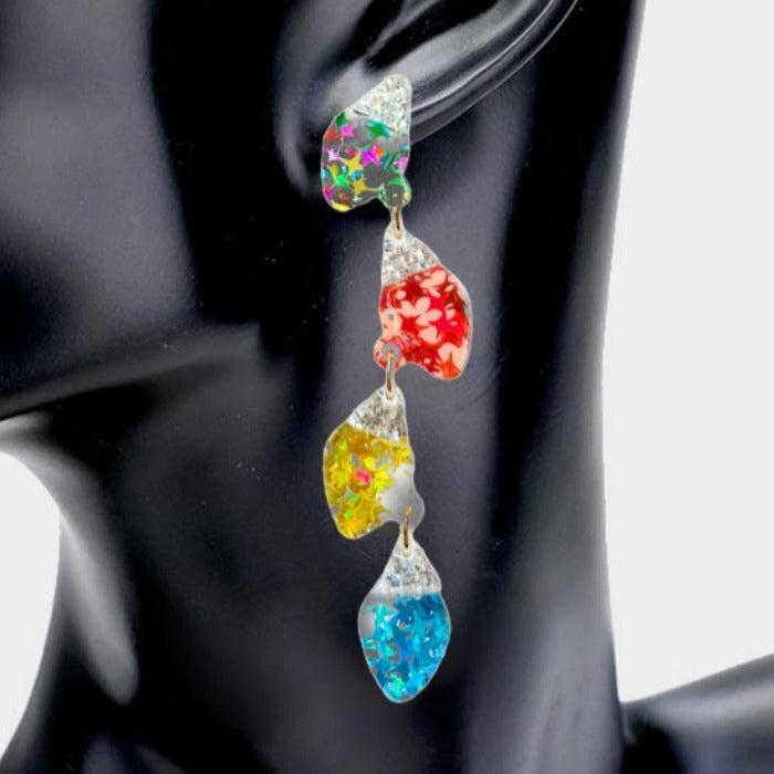 Christmas Ornament Bulb Multi Color Resin Dangle Earrings